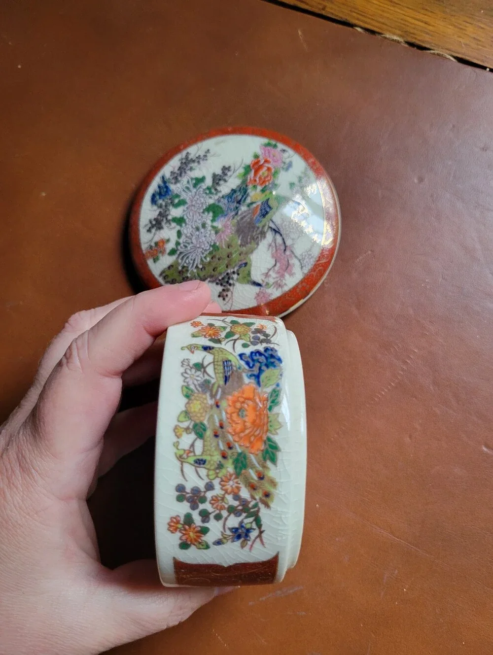 Vintage Japanese Satsuma Trinket Box Peacock Red Gold 3 3/4 in. diameter